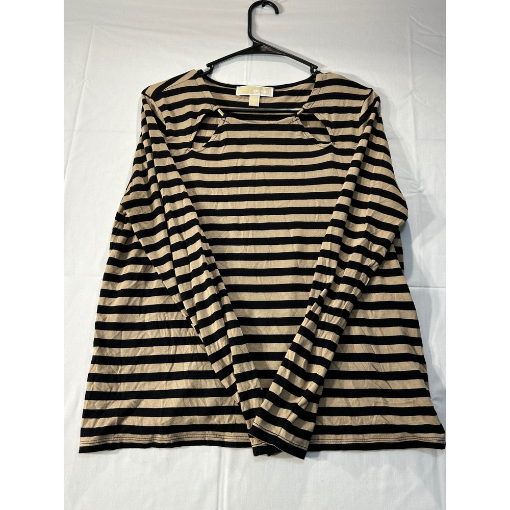 Michael Michael Kors Striped Long Sleeve Cutout Top Tan Black Gold Hardware L